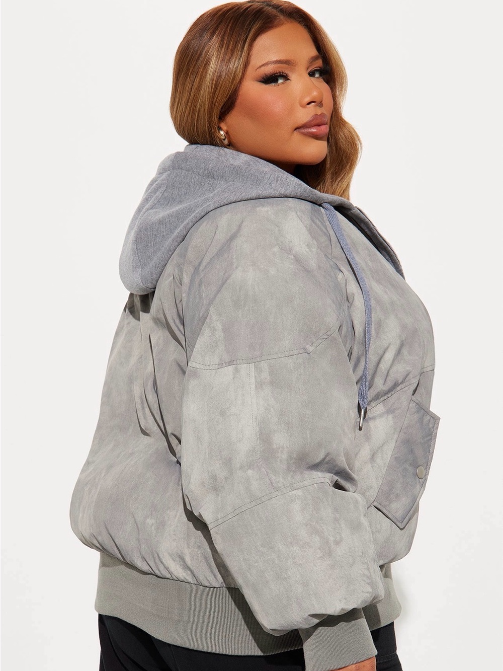 Fashion Nova Oversized Grey Hooded Bomber Jacket - Picture 2 of 3